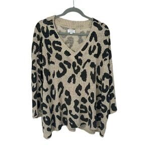 Mud Pie Leopard Print V-Neck Loose Fit Knit Sweater S/M
